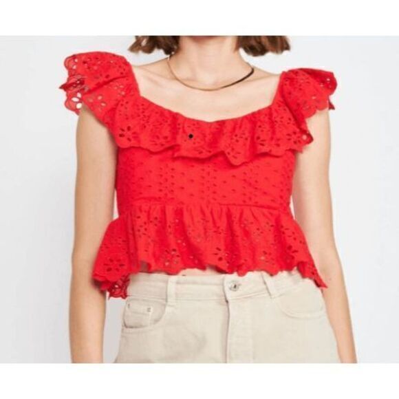 En Saison Hanna Crop Top Red‎ Eyelet Backless Cap Sleeve Tie Back Medium - Picture 1 of 10